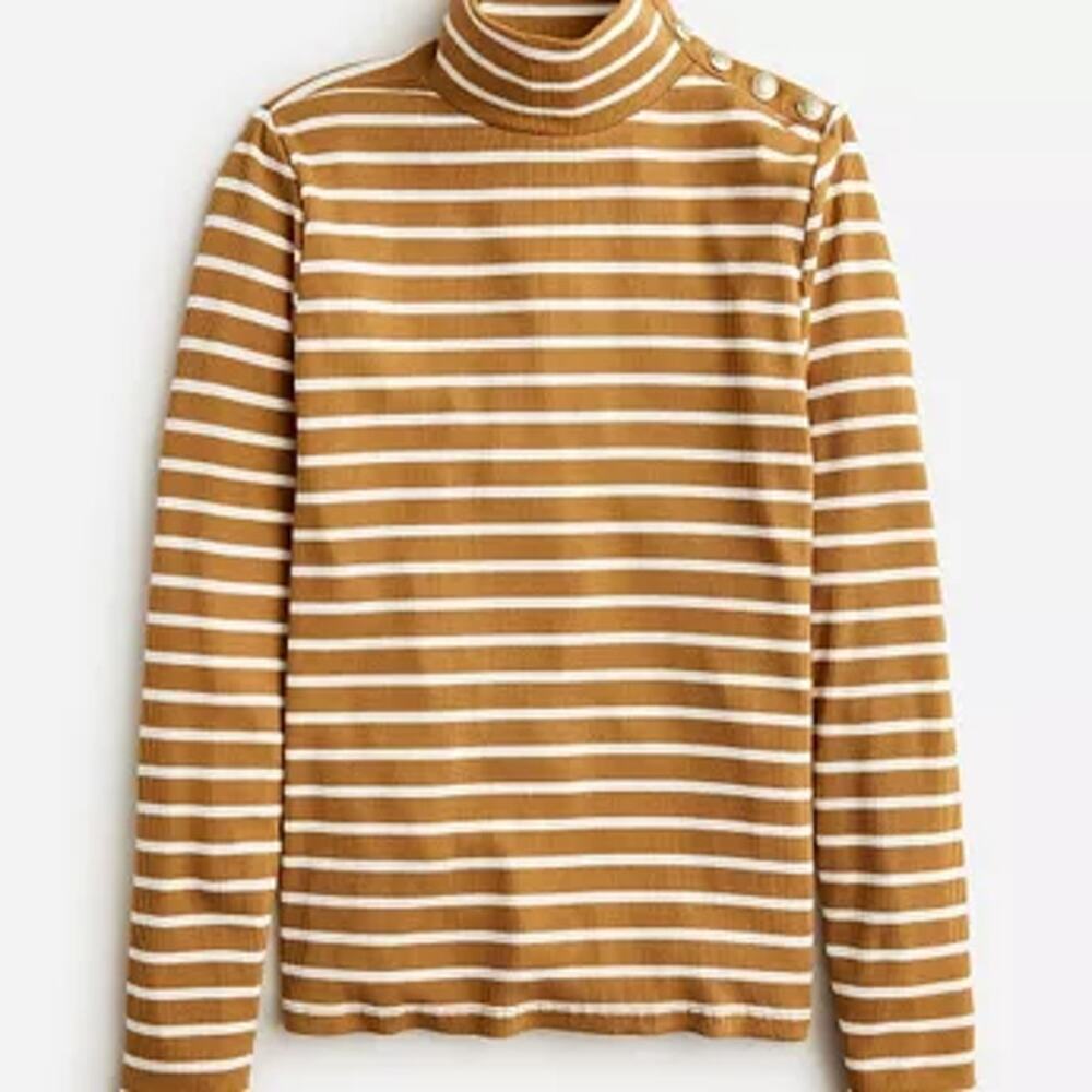 J. Crew Striped Vintage Rib Turtleneck with Buttons Brown White Womens Small